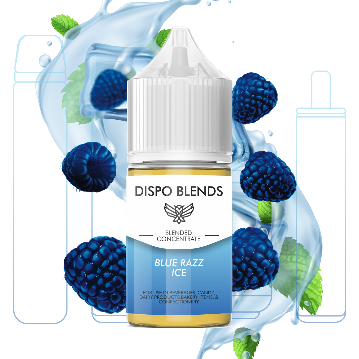 DispoBlends - Blended Concentrate - Blue Razz Ice with Blue raspberry in the background.