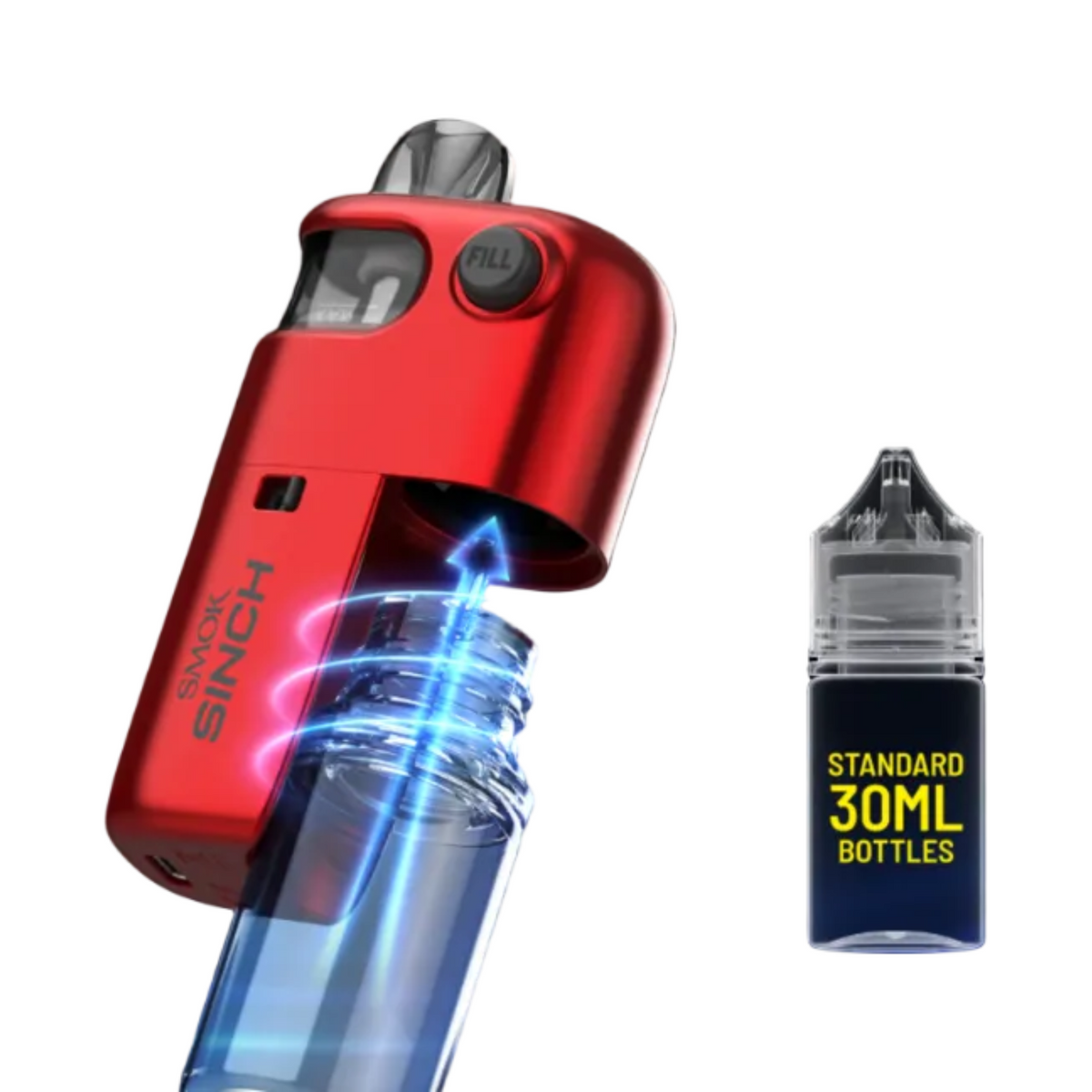 Promotional graphic for a red vape device and a 30ml bottle compatibility diagram on a dark blue background with glowing neon lines and text.